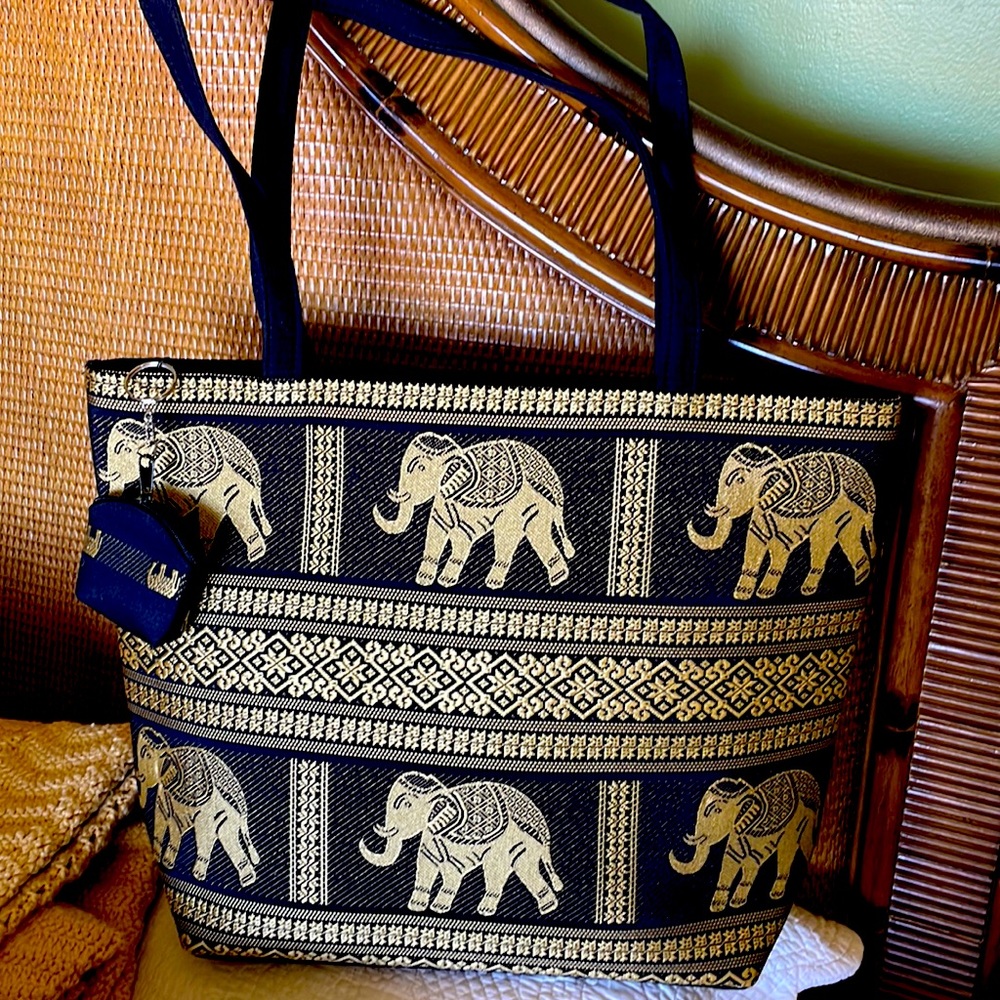 Fabric gold & Black Elephant bag with coin purse.